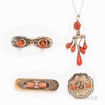 Four Pieces of Antique Coral Jewelry