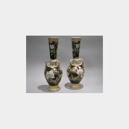 Pair of Japanese Satsuma Peony Decorated Vases. 