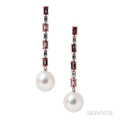 18kt Bicolor Gold, South Sea Pearl, Tourmaline, and Diamond Earrings