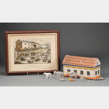Painted Wood Toy Noah's Ark and Framed Noah's Ark Lithograph