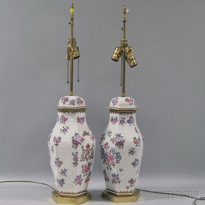 Pair of French Porcelain Covered Garniture-type Jars Mounted as Table Lamps