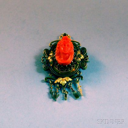 Victorian 14kt Gold and Carved Coral Pendant/Brooch