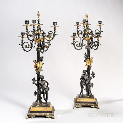 Pair of Patinated-bronze and Parcel-gilt Figural Candelabra