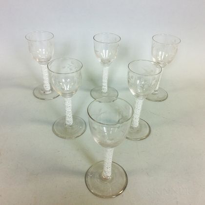 Set of Six Etched Colorless Blown Glass Wines