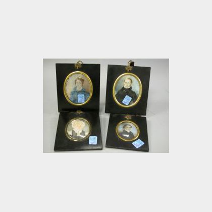 Group of Four Gilt-metal and Black Lacquer Framed Miniature Painted Portraits on Ivory. 