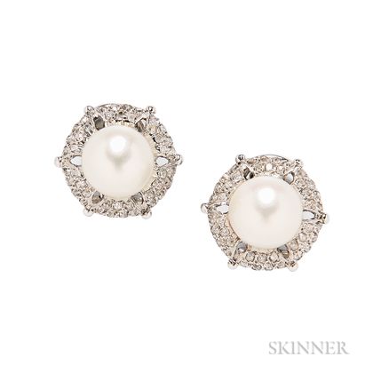 18kt Gold, Cultured Pearl, and Diamond Earclips, Buccellati