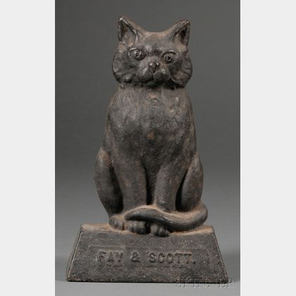 Figural Cast Iron Black-painted Seated Cat Doorstop