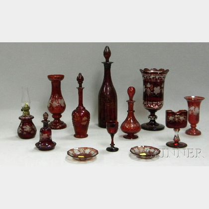 Twelve Pieces of Bohemian Etched Ruby Flash Art Glass