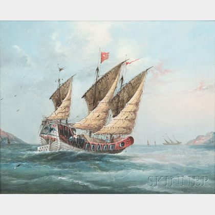 Continental and American School, 19th/20th Century, Three Oil Paintings of Sailing Vessels: Square-rigged Ship at Sea, Small Fishing Bo