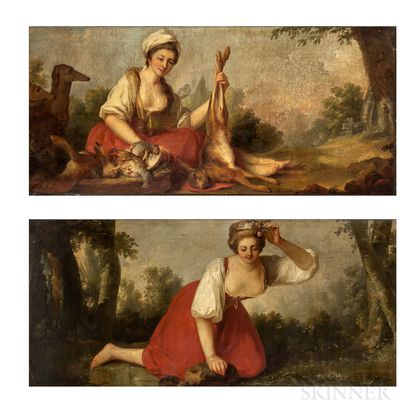 Continental School, 19th Century Two Paintings of Women: Pretty Country Maid with Hounds and Game