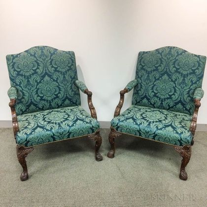 Pair of Georgian-style Upholstered Mahogany Library Open Armchairs