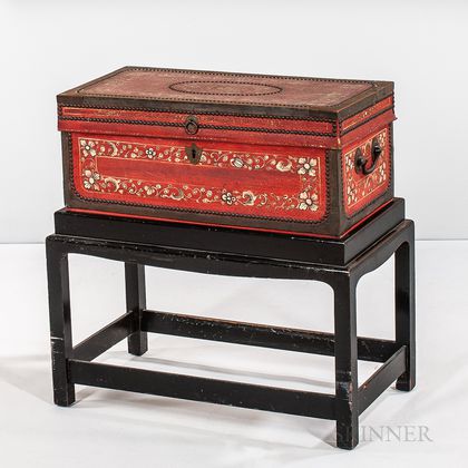 Polychrome and Red-painted Leather-covered Chinese Export Chest on Stand