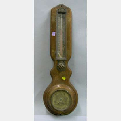 Tycos Walnut and Copper Wall Thermometer/Barometer. 