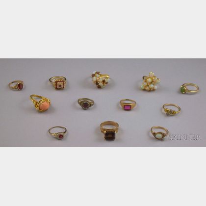 Twelve Assorted Gold and Gemstone Rings