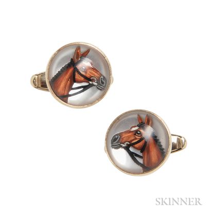 14kt Gold and Reverse-painted Crystal Horse-theme Cuff Links