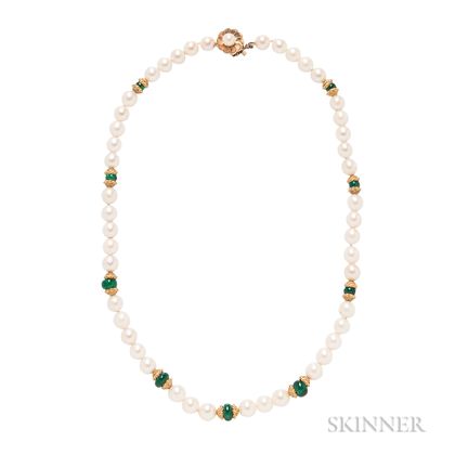 Cultured Pearl and Emerald Bead Necklace