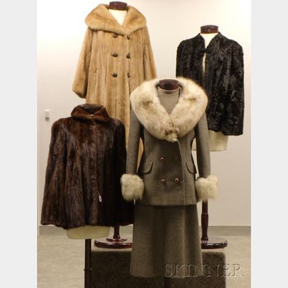 Three Vintage Fur Coats/Capes and a Vintage Fox-Trimmed Gray Wool Suit