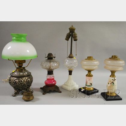 Five Late Victorian Decorated Glass and Metal Kerosene Table Lamps. 