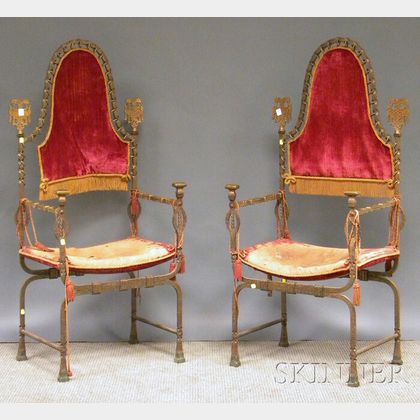 Pair of Italian Baroque-style Wrought Iron and Brass Armchairs