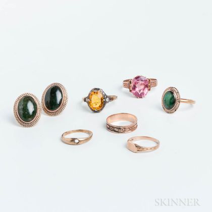 Six Low-karat Gold Bands and a Pair of Jadeite Earrings