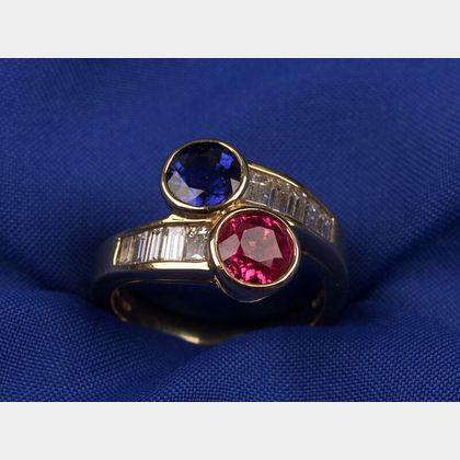 Sapphire, Ruby, and Diamond Bypass Ring