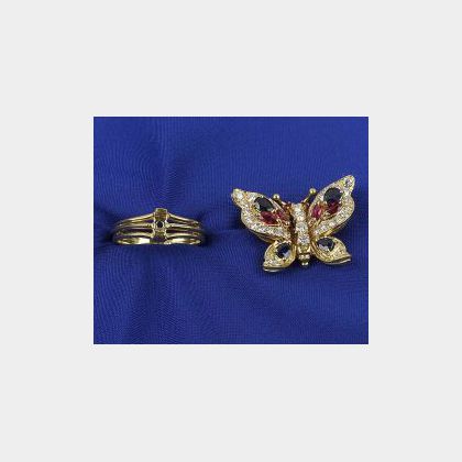 18kt Gold, and Gem-set Butterfly Pin/Ring