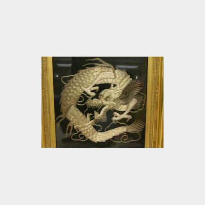 Framed Asian Gold Embroidered Dragon Panel and a Framed Chinese Painted Feather Fan. 