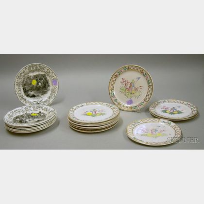 Set of Ten French Gilt and Hand-painted Faience Plates and a Set of Seven Transfer Napoleonic Theme Ceramic Plates