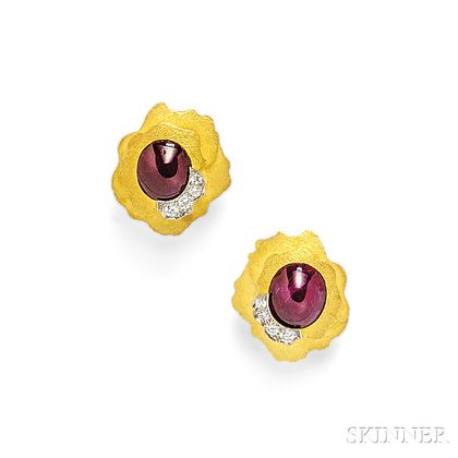 18kt Gold, Star Ruby, and Diamond Earclips, Andrew Grima
