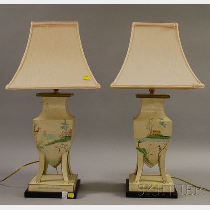 Pair of Provincial-style Paint-decorated Tin Urn-form Table Lamps
