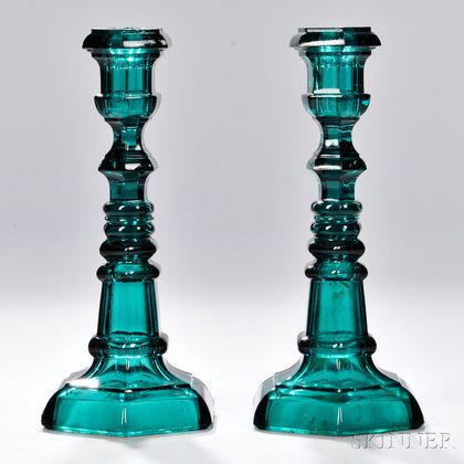 Pair of Dark Green Pressed Glass Hexagonal Candlesticks
