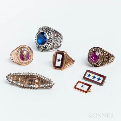 Group of Class Rings and Military-themed Brooches