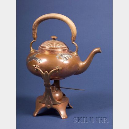 Gorham Aesthetic Movement Copper and Silver Kettle on Stand