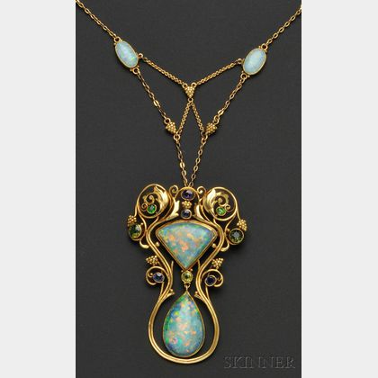 Arts & Crafts Opal and Gem-set Pendant Necklace, F.G. Hale