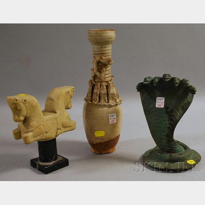Asian Bronze Seven-headed Cobra, a Glazed Pottery Vase, and a Ceramic Horse Figural Stand Mounted on a Marble Base. 