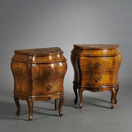 Pair of Baroque-style Olivewood-veneered Bombé Commodes