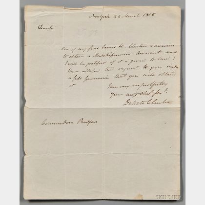 Clinton, DeWitt (1769-1828) Autograph Letter Signed, 22 March 1815.
