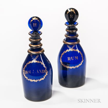 Pair of Small Cobalt Blue Gilt-decorated Liquor Bottles