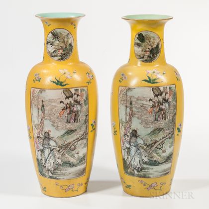 Pair of Tall Famille Jaune Sgraffito Vases