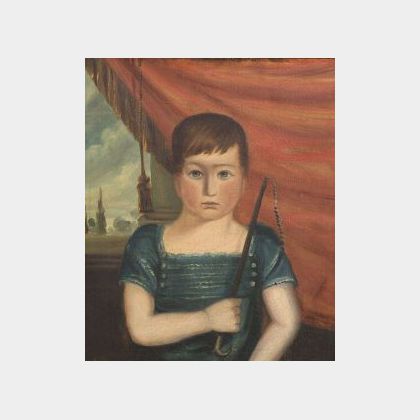 American, 19th Century Portrait of a Child Holding a Buggy Whip.