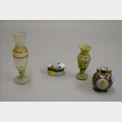 Sterling Silver Overlay Porcelain Cabinet Vase, a Continental Hand-painted Peacock Decorated Porcelain Trinket Box, and Two Small Brist