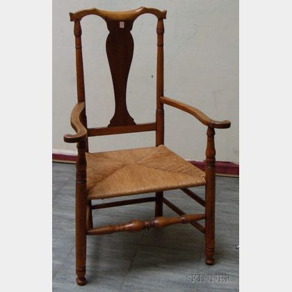 18th Century Turned Tiger Maple Armchair with Woven Rush-style Seat. 