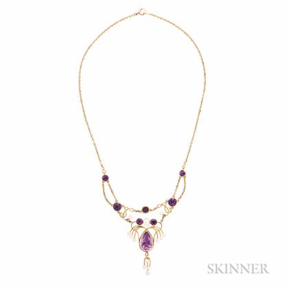 Antique Gold, Amethyst, and Freshwater Pearl Necklace