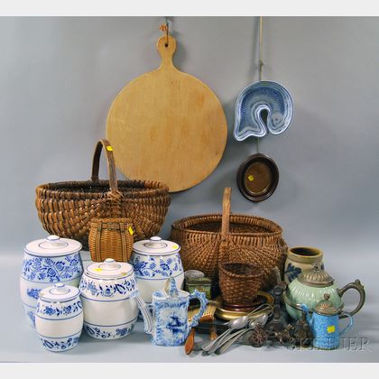 Group of Assorted Basketry, Enamelware, Ceramic, Wood, and Metal Household Items