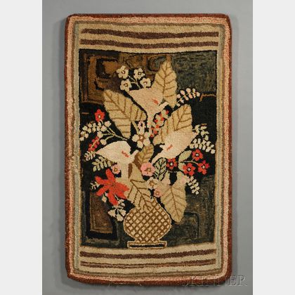 Pictorial Hooked Rug Depicting a Vase of Flowers
