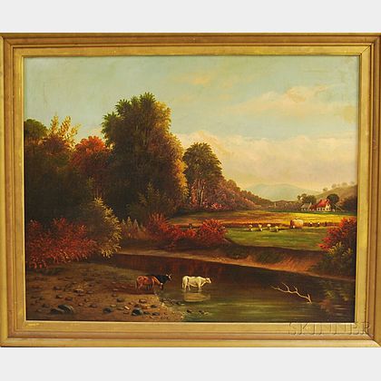 American School, 19th Century Autumn Landscape with Hayworkers and Cows Watering.