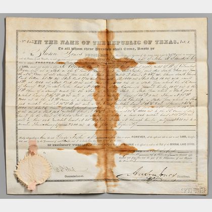 Jones, Anson (1798-1858) Document Signed, Texas Land Deed, 14 February 1845.