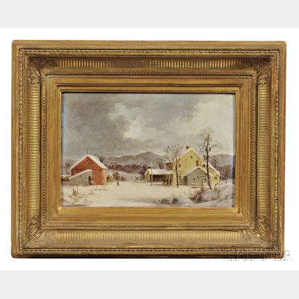 George Henry Durrie (Connecticut, 1820-1863) Winter Landscape with Yellow Salt-box Farmhouse and Barn