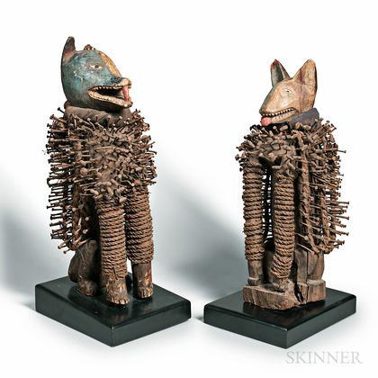 Pair of Kongo-style Nkisi Nkondi Dog Figures