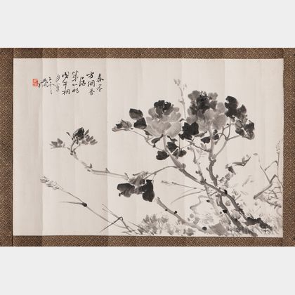 Two Ink Painting Leaves Depicting Flowers